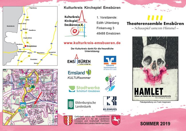 Das Bild zeigt den Flyer des Theaterstücks HAMLET von vorne