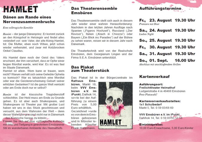 Das Bild zeigt den Flyer des Theaterstücks HAMLET von hinten