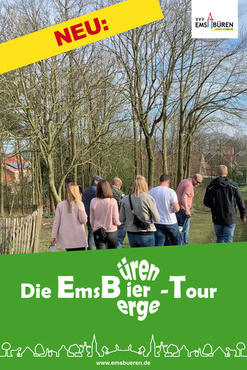 Ein Plakat der Emsbüre Bier Berge Tour. Auf dem Bild sind mehrere Personen mit dem Rücken abgelichtet, die einen Bollerwagen ziehen