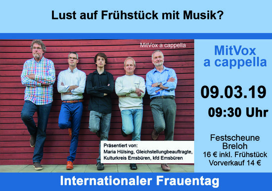 Das Bild zeigt die Werbunf für das Konzert von MitVox a capella im Rahmen des Internationalen Frauentages 2019
