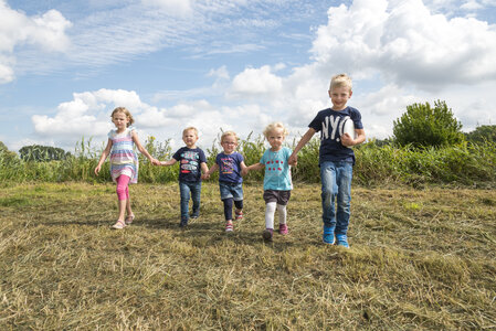 Das Bild zeigt fünf Kinder, die sich an einer Reihe an der Hand halten auf einer Grasfläche, Foto von Schöning Fotodesign