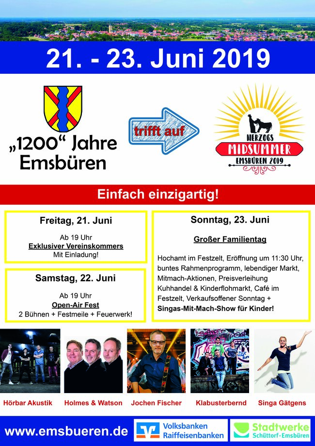 Das Bild zeigt das Plakat der 1200 Jahrfeier mit dem dreitätigen Programm und den auftretenden Bands und Musiker