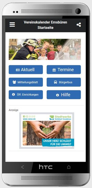 Das Bild zeigt die Startseite der Veranstaltungs-App Emsbüren